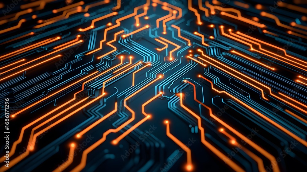Poster the image shows an abstraction of a circuit board with glowing orange lines highlighting connections