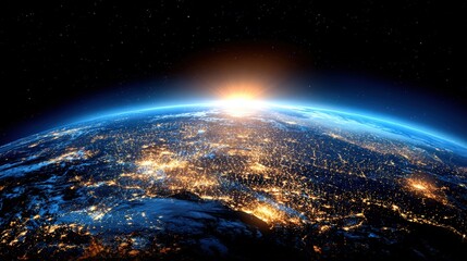 Obraz premium Stunning view of Earth from space du sunrise with illuminated city lights, atmospheric glow, and starry night background