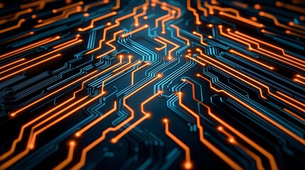 Obraz premium The image shows an abstraction of a circuit board with glowing orange lines highlighting connections and blue lines showing the routes of the electrical current.