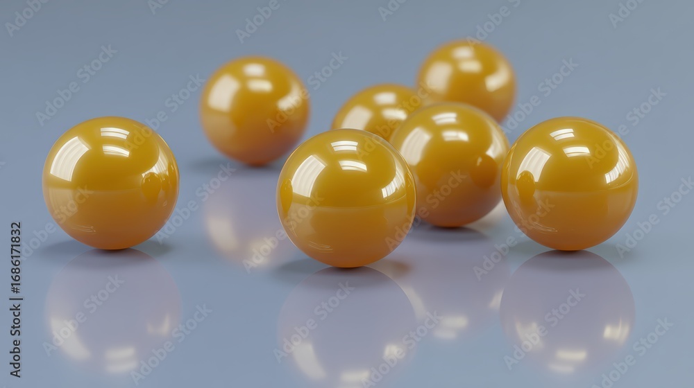Poster close-up of multiple yellow glossy plastic balls arranged on a smooth reflective surface with soft p