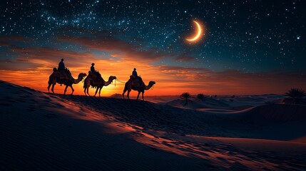 Camel Caravan Journey Against Starry Night Sky in Desert Landscape