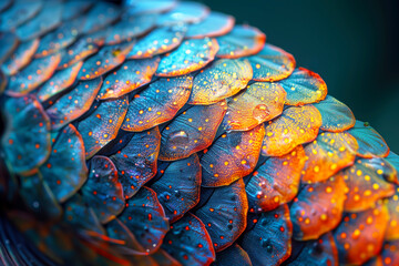 Vibrant abstract fish scales pattern showcases intricate texture with luminous blue, orange, yellow gradient creating dynamic futuristic background design