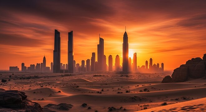 The vast expanse of the Pasie desert glows orange at sunset, dramatic skies and views of several skyscrapers.
