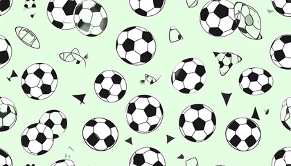 Obraz premium Repeating soccer ball pattern on a pale mint background with abstract shapes
