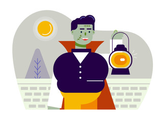 Man wearing Zombie costume and holding lantern. Trick or treat vector illustrations. Flat vector illustrations packs.
