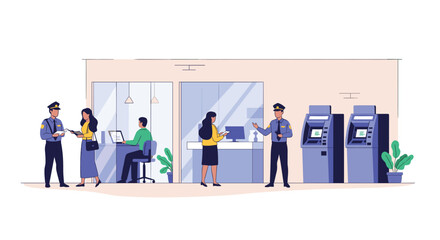 Financial institution interior featuring customers interacting with bank tellers and automated teller machines safely