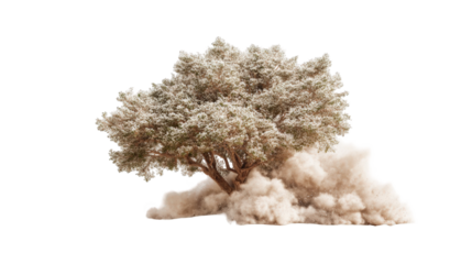 A lone tree engulfed in a cloud of desert dust