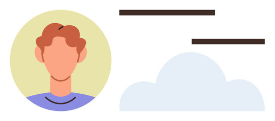 Headshot avatar with short wavy hair beside a cloud and text. Ideal for data storage, communication, social networking, web service, technology, cloud computing, virtual profile. Simple flat metaphor