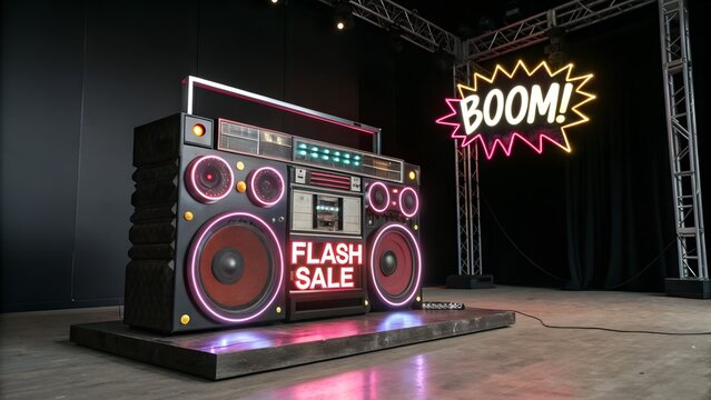 Podium with retro boombox display screen flashes 'FLASH SALE' and graffiti-style 'BOOM!' in a speech bubble, black friday promotion