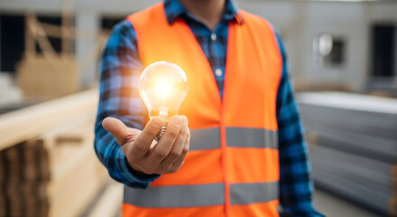 Construction worker holding a glowing lightbulb, symbolizing innovative solutions and bright ideas for building projects and sustainable development.