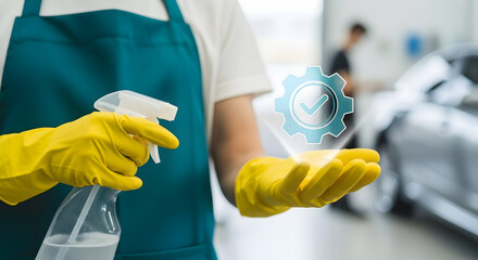 Experienced auto detailer showcasing quality car cleaning and maintenance services with a digital check mark graphic, ensuring customer satisfaction and trust.