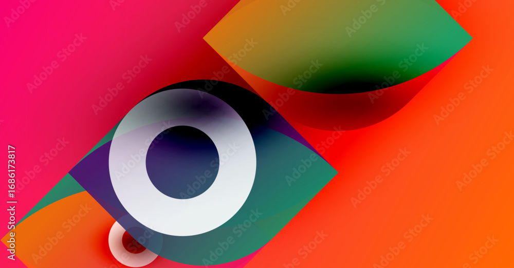 Poster abstract colorful shapes overlap, creating dynamic composition. vivid gradients suggest depth, movem