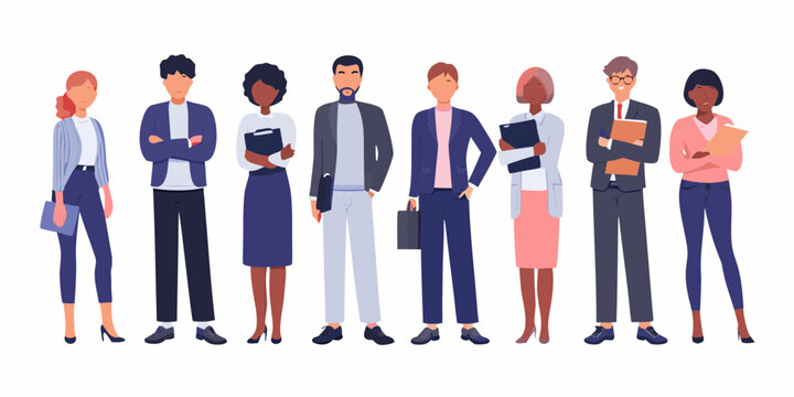 Diverse group of business professionals standing together in a line wearing smart casual attire