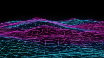 An abstract vibrant digital grid landscape with pink and teal wavy lines against a black backdrop - Powered by Adobe