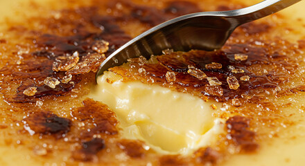 Savoring a decadent creme brulee, a spoon cracks the crisp, burnt sugar layer to reveal the rich vanilla custard