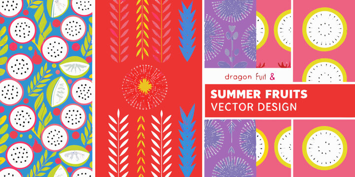 Vibrant summer fruits and abstract designs featuring dragon fruit and tropical elements