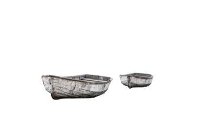 Two weathered wooden boats against a black background