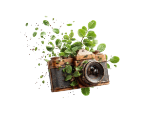 Vintage camera surrounded by vibrant foliage