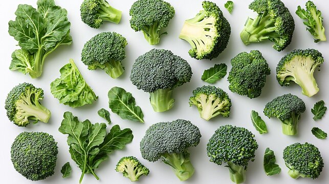 Fresh Broccoli and Green Leafy Vegetables on White Background - Powered by Adobe