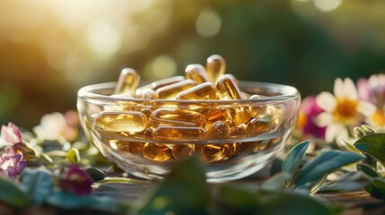 Glass bowl filled with golden herbal capsules,  on blurred background