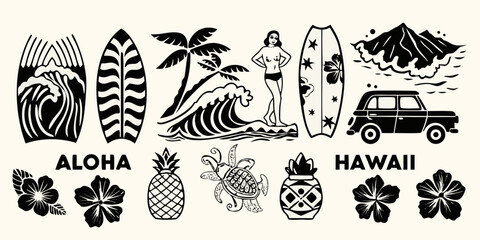 Collection of hawaiian icons including surfboards palm trees waves pineapple hibiscus flowers and a vintage car © Apurba