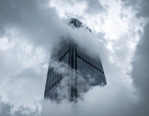 Towering Modern Skyscraper Partially Obscured by Dramatic Monsoon Clouds, Evoking Urban Weather