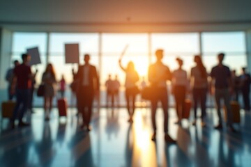 Generative AI: Blurred Group in a Sunny Airport Terminal.