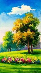 Naklejka premium Colorful landscape painting with trees and flowers