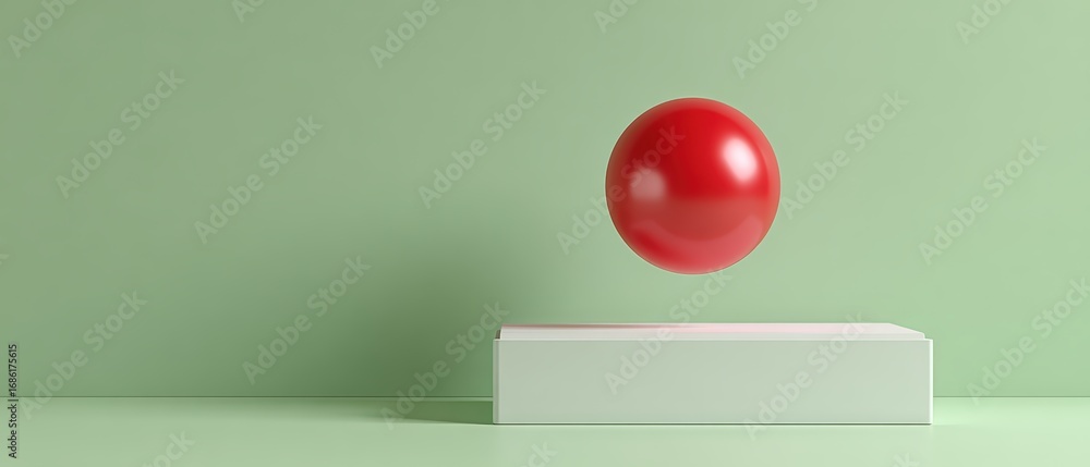 Poster minimalist red ball floating above a white rectangular platform on a pastel green background with sm