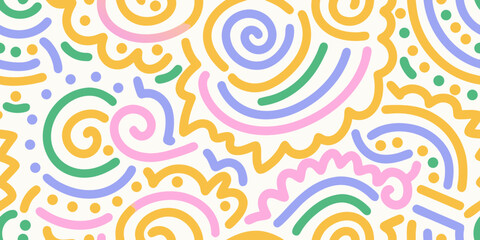 Vibrant abstract organic shapes and wavy lines in pastel colors creating a playful seamless pattern background