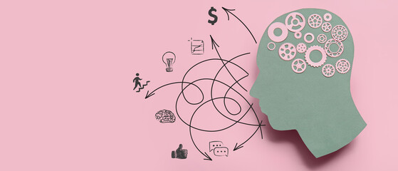 Paper human head with gears on pink background with space for text. Logic concept