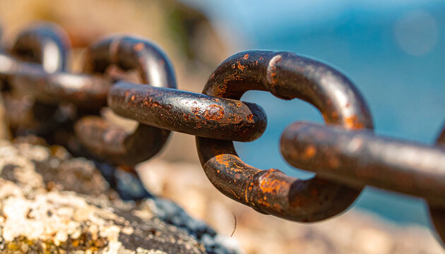 Rusty Chain's Enduring Bond: An up-close view of a weathered rusty chain, each link telling a tale of strength and enduring connection. 