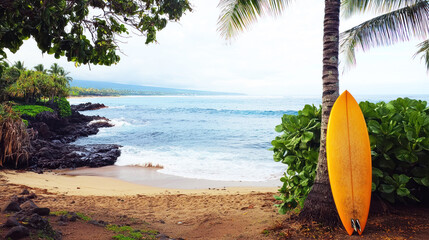 A tropical beach with a surfboard propped against a palm tree, overlooking the ocean.