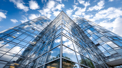 Low-angle view of a modern glass skyscraper against a bright blue sky with clouds.