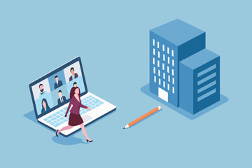 Woman running towards a laptop showing a video conference with colleagues and a building in the background