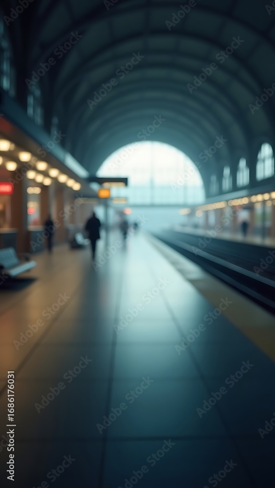 Poster generative ai: a blurred railway station scene with figures in motion.