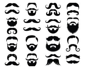Collection of diverse mustache styles and beard designs for men, vector illustrations