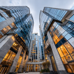 Low-angle view of two modern glass buildings in a city courtyard.