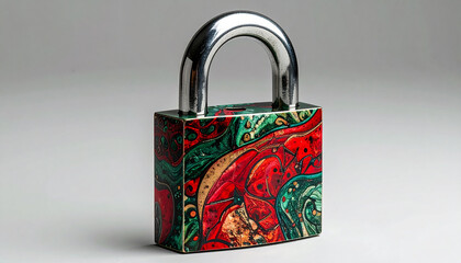 Secure Aesthetic: A close-up shot reveals a vibrant, artistic padlock, showcasing a beautiful blend of color and design in a secure setting.