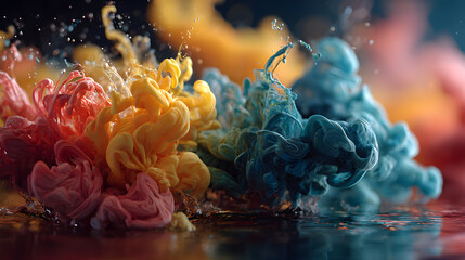 Vibrant clouds of colorful ink bloom and swirl in liquid, creating abstract, dynamic forms.