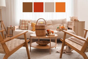 Interior of light living room with autumn decor, sofa, wooden table and wicker armchairs. Different...