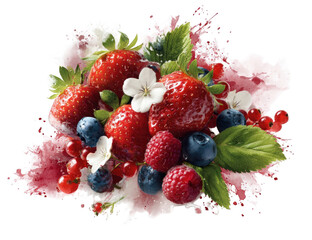 A vibrant cluster of fresh berries splashed in a rosy pink liquid