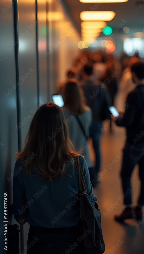 Poster generative ai image of people waiting in a corridor setting.