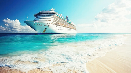 A scenic view of a cruise ship anchored near a secluded beach, with turquoise water and gentle waves.