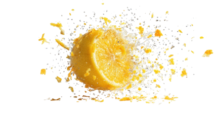 A vibrant lemon slice exploding in a splash of liquid and citrus fragments against a black background