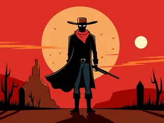 Fotobehang Diep Rood Mysterious Cowboy Silhouette in the Desert Landscape with a Rifle Under a Red Sky  © MdAsabbir