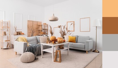 Interior of light living room with autumn decor, grey sofas and table. Different color patterns