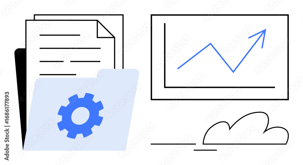 Poster folder with gear icon, documents, and increasing line chart on screen representing progress. ideal f