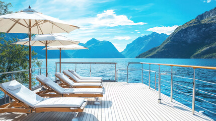 Fototapeta premium A stunning view of a ship deck with lounge chairs and umbrellas, ideal for relaxation.