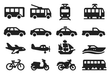 Transportation icon set. Solid glyph collection of vehicles for travel, commute and logistics. Car, bus, train, plane, ship, bike, taxi pictogram. Vector silhouette symbols.
